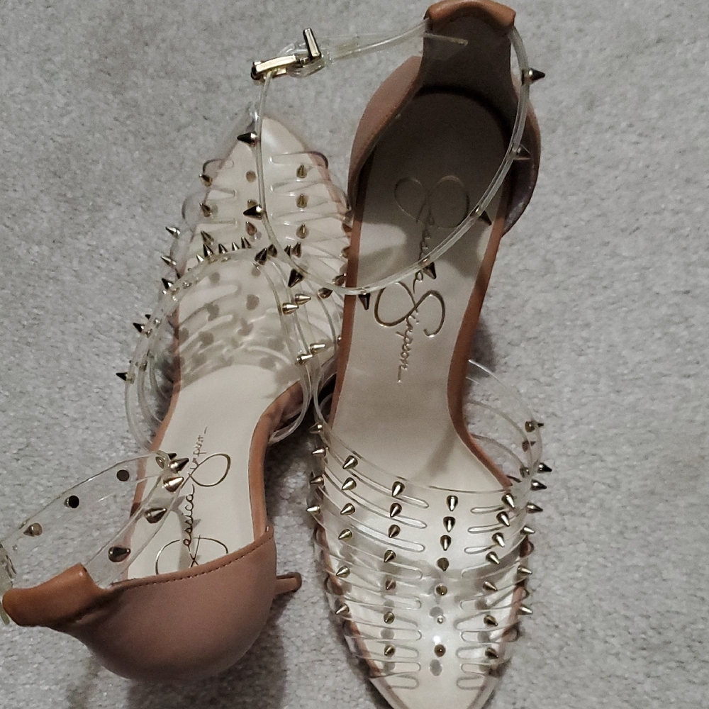 Jessica Simpson Clear and Tan Spiked Heels